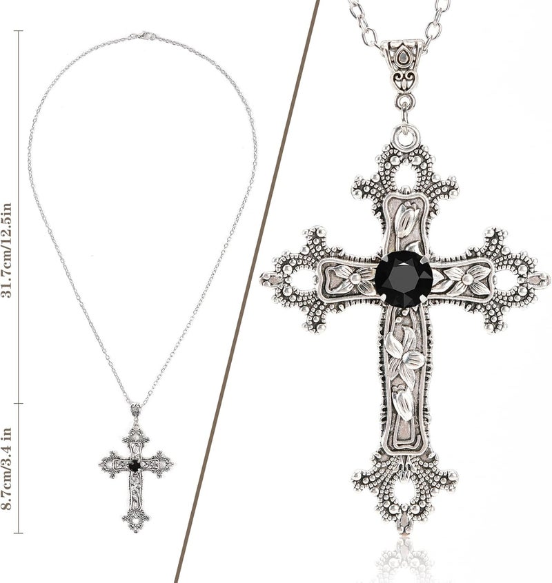 SHUS LIVE Gothic Cross Necklace Silver-Tone Pendant with Glass Stone, on 25” Steel Chain, Cross Necklace for Women, Large Goth Silver Cross Necklaces for Man, Big y2k Necklaces, Halloween Jewelry - Image 1